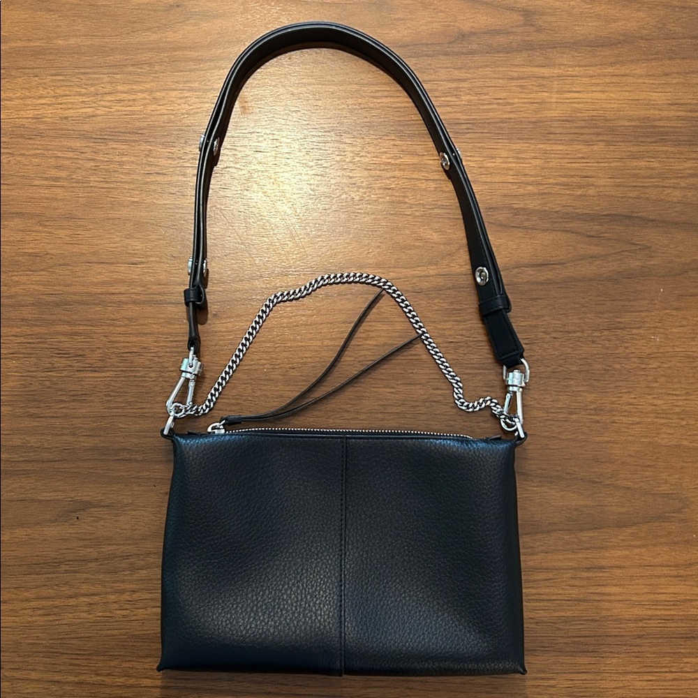 All Saints Black Leather Eva Crossbody with Silver Accents